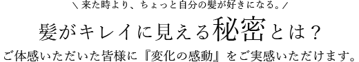 来た時より、ちょっと自分の髪が好きになる。髪がキレイに見える秘密とは？ご体感いただいた皆様に『変化の感動』をご実感いただけます。